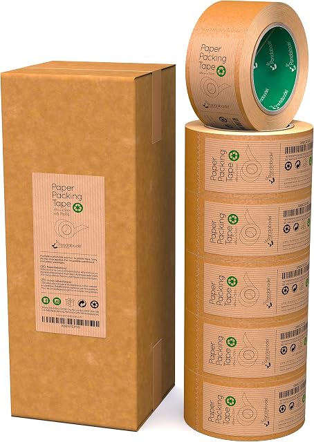 Pandabode Paper Packing Tape | 48mm x 50m Strong, Recyclable Brown Kraft Paper| 1/3/6/12 Pack | for Eco Friendly Parcel Packaging, Envelopes, Gift Wrapping, Moving, Craft | 50 Metre Rolls (6)