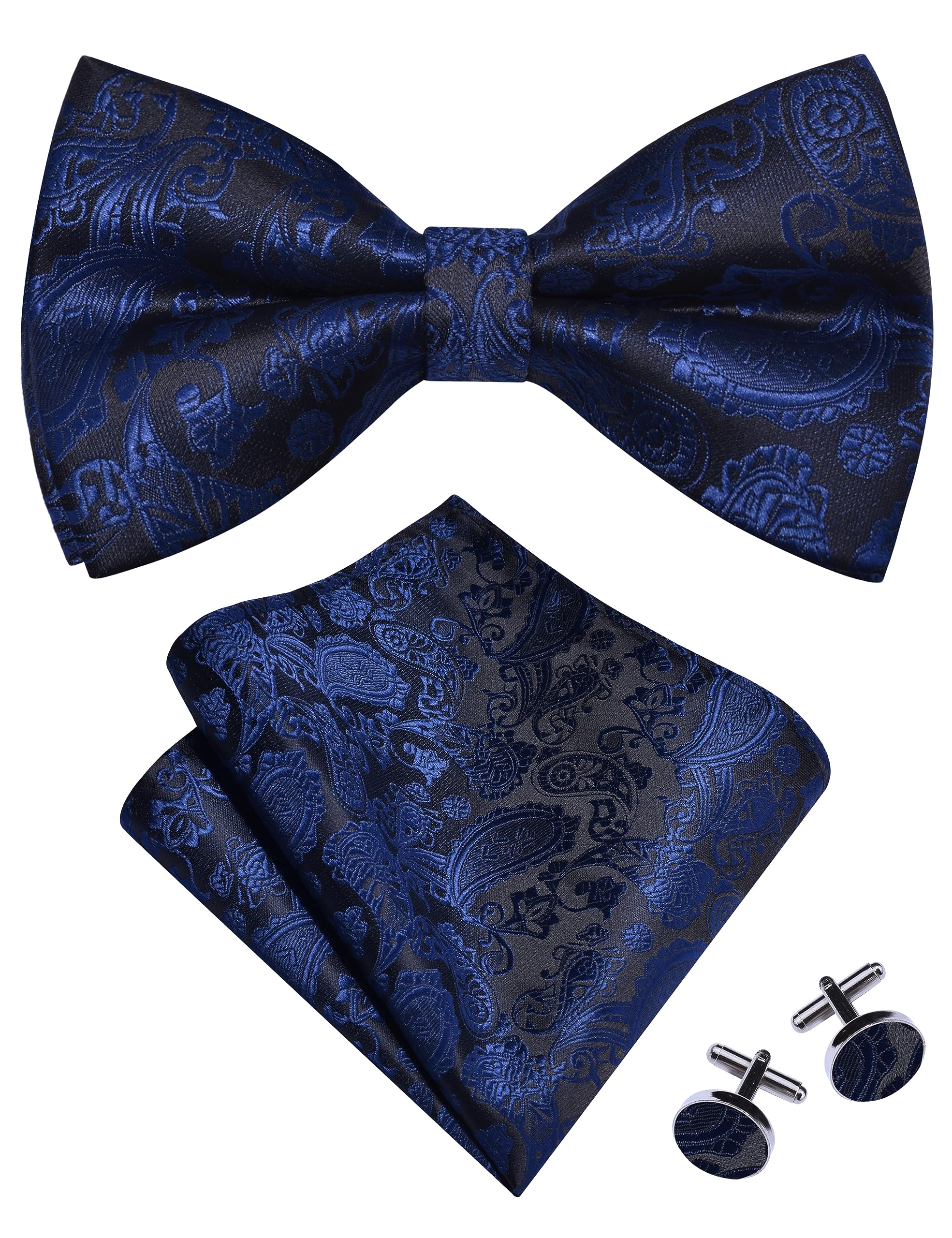GuslesonMens Paisley Bow Tie Handkerchief Jacquard Woven Adjustable Pre-Tied Bowties Pocket Square Cufflinks Set