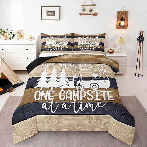 Juego de edredón para niños y cámper tamaño Queen, ropa de cama de campamento feliz para decoración de caravana interior, ropa de cama rústica para
