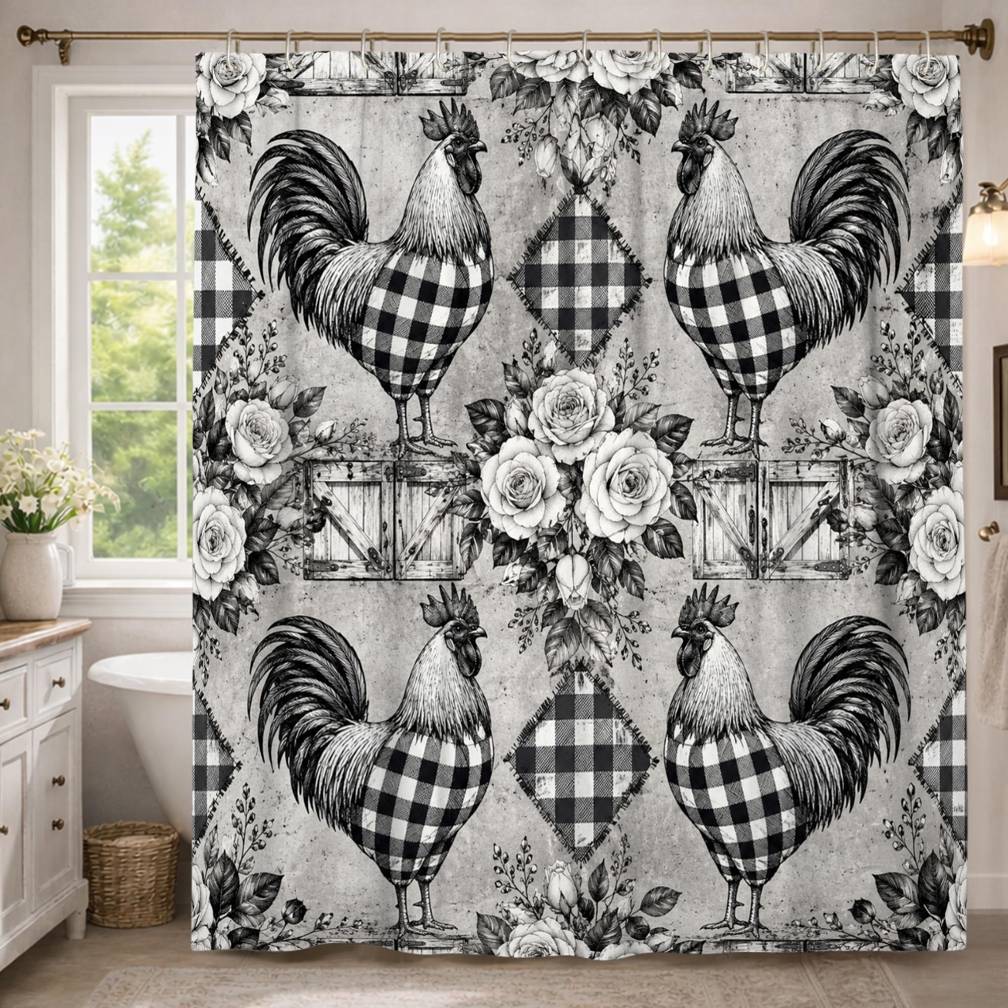 Rideau de douche extra long 183 x 243 cm motif coq rose d'automne
