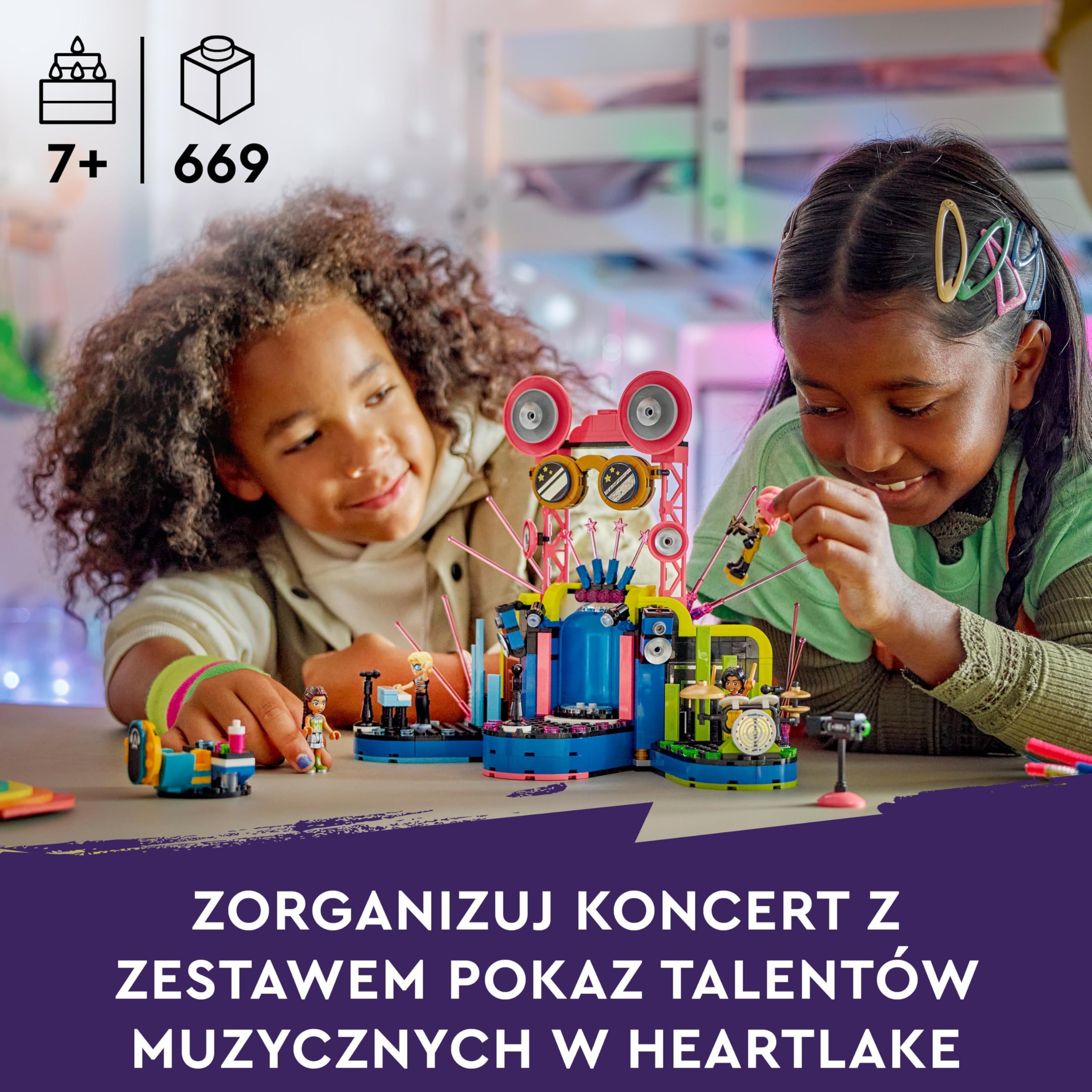 LEGO Friends Pokaz talentów muzycznych w Heartlake, zabawka do budowania dla dziecka, dla dziewczynki i chłopca, zestaw z gitarą i keyboardem, 4 postaci, w tym Andrea, prezent dla 7-latki, 42616