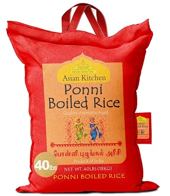 Asian Kitchen Ponni Boiled Rice 40-Pound Bag, 40lbs 18.14kg Short Grain Rice  All Natural | Gluten Friendly | Vegan | Indian Origin | Export Quality