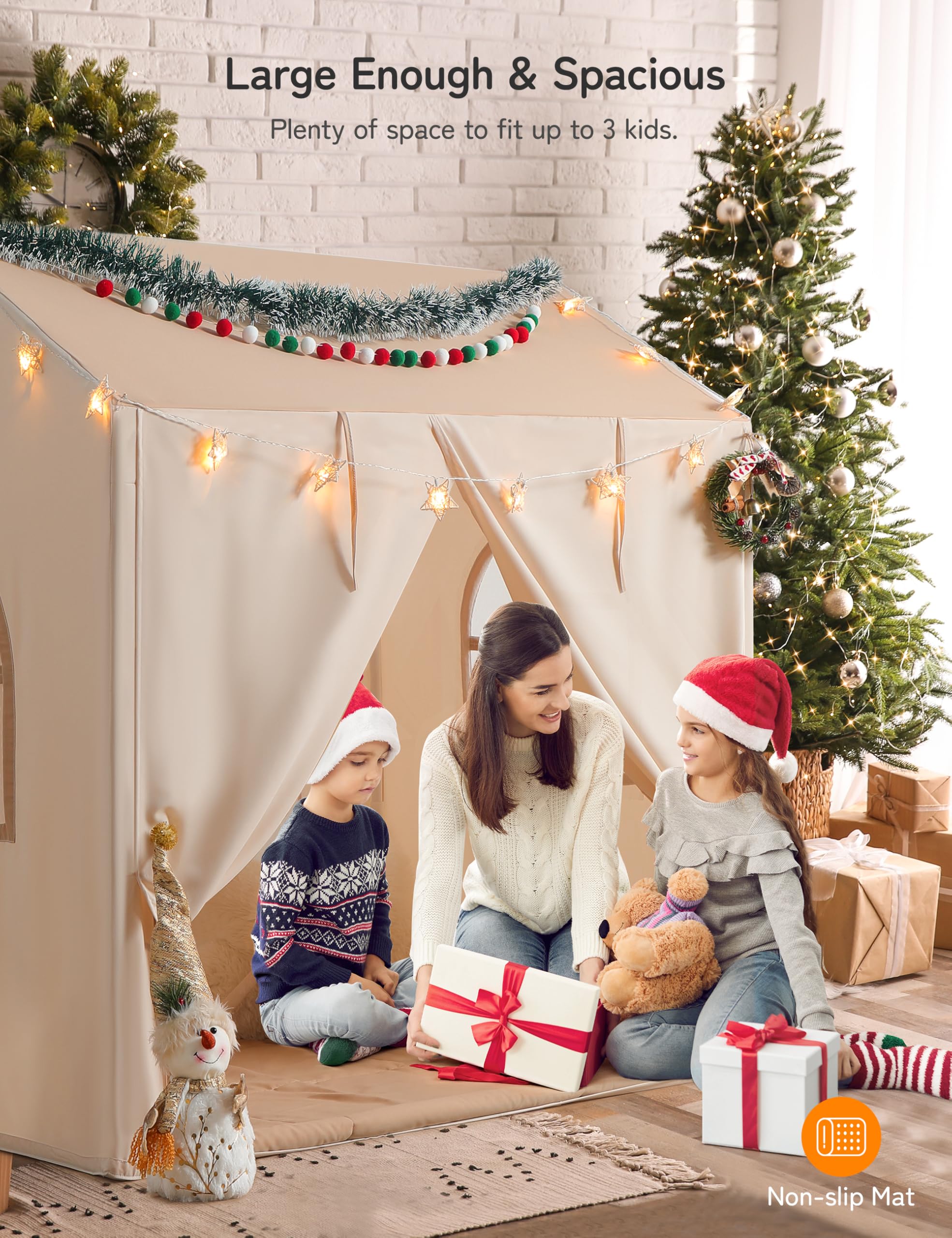 besrey Kinderzelt mit Lichtern, 2-in-1 Kinderhaus mit gepolsterter Matte, Großes Spielhaus mit 2 Türen & 2 Fenstern, Spielzelt für Indoor & Outdoor, Geschenk für Kinder zu Weihnachten