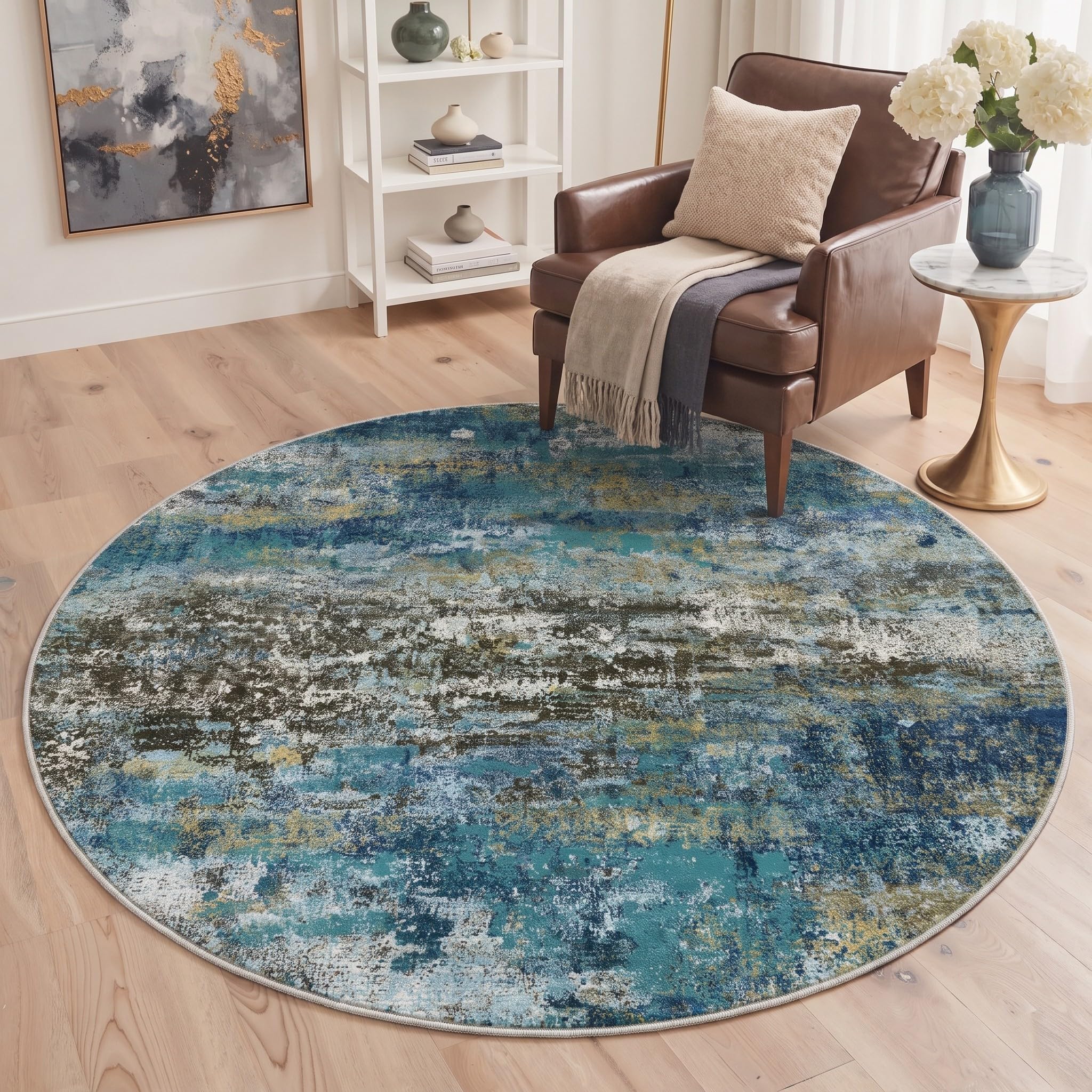 BEIMO 5FT Faded Teal Abstract Round Rug, Washable Non-Slip for Bedroom