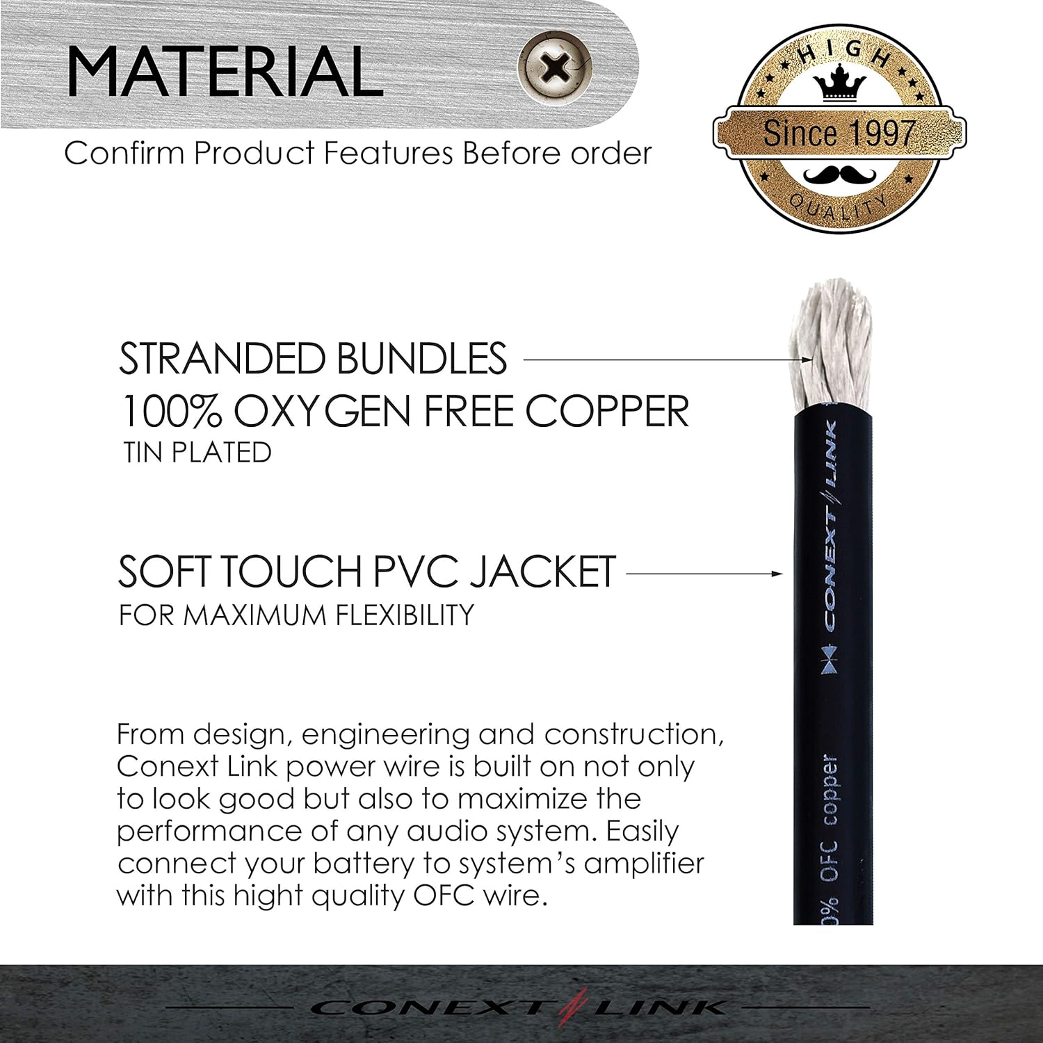 Conext Link 25ft Full 1/0 Gauge AWG Power Cable Wire Tinned OFC Copper Ground Frost Black