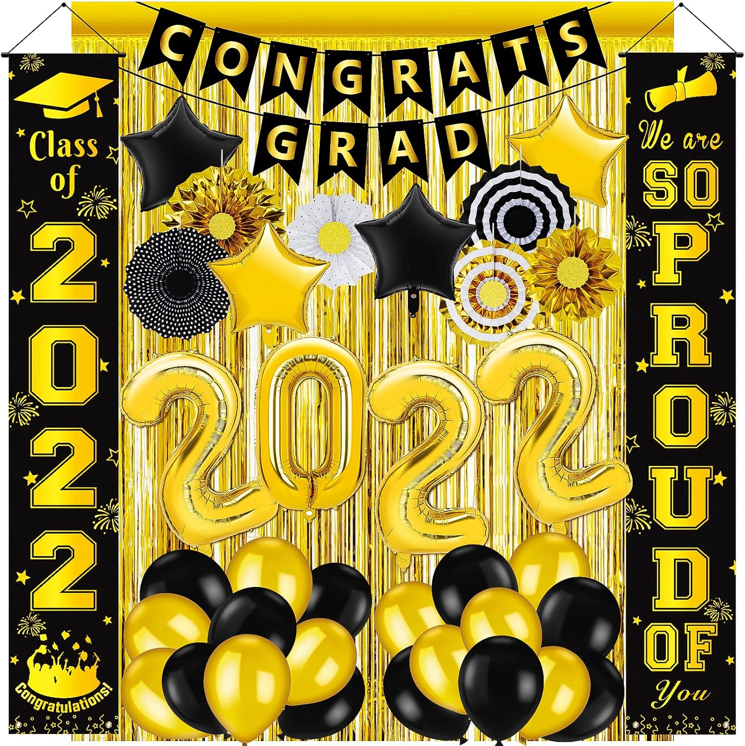 Class of 2022 Graduation Decorations, Black Gold Graduation Party Decor Kits, Banner