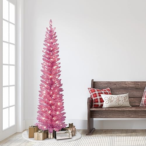 Miniatura 3 de Puleo International - Árbol artificial de oropel rosa preiluminado de 6 pies, 250 puntas, 100 luces transparentes