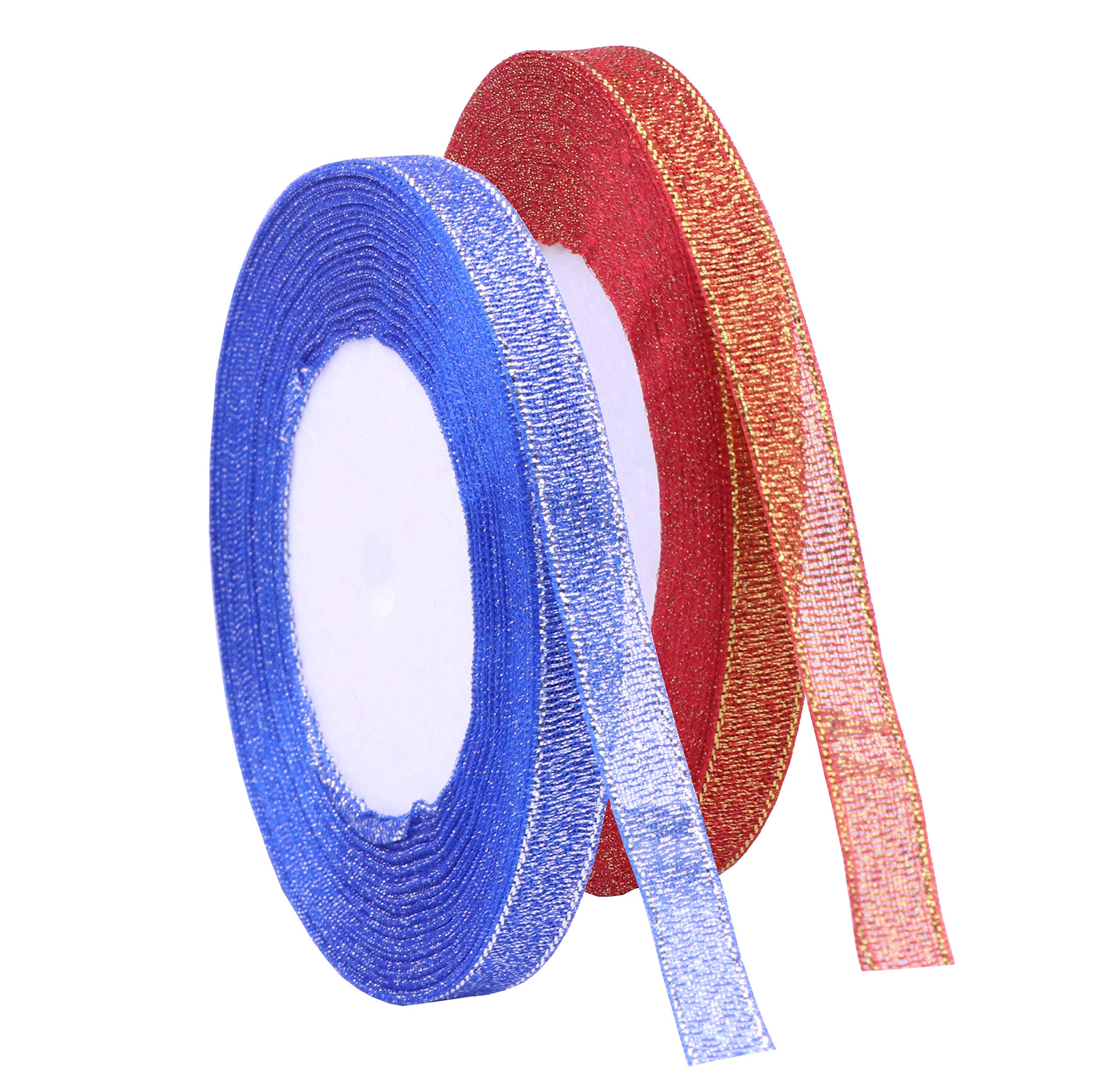 YAKA 3/8 inch 50 Yards Ribbon Shimmer Sheer Organza Ribbon for Craft Bow Party Decoration Packing Ribbons 2 Rolls (Sapphire Blue and Orange, 3/8 inch(