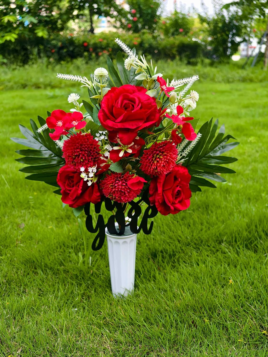 Artificial Red Rose Cemetery Flowers with Vase Miss You Metal Sign - Memorial Grave Decorations for Gravesite, Headstone, Tombstone, Outdoor & Indoor Floral Arrangement Bouquet