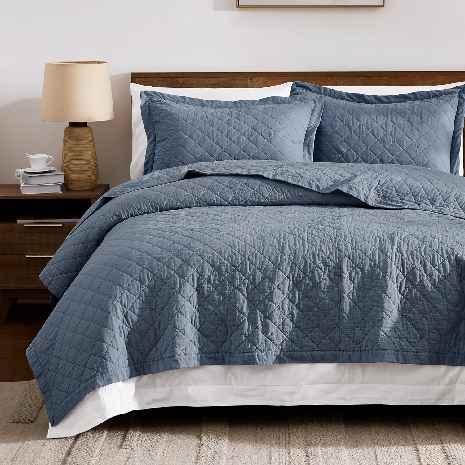 WDCOZY 100% Pre-Washed Cotton King Size Quilt Set - Dusty Blue Ruffle Box Soft Lightweight Bedspread, Textured Like Linen, Farmhouse Country Rustic Coverlet, Shabby Chic Gauze Bedding, 3 Pieces Dusty Blue King (106"x96")