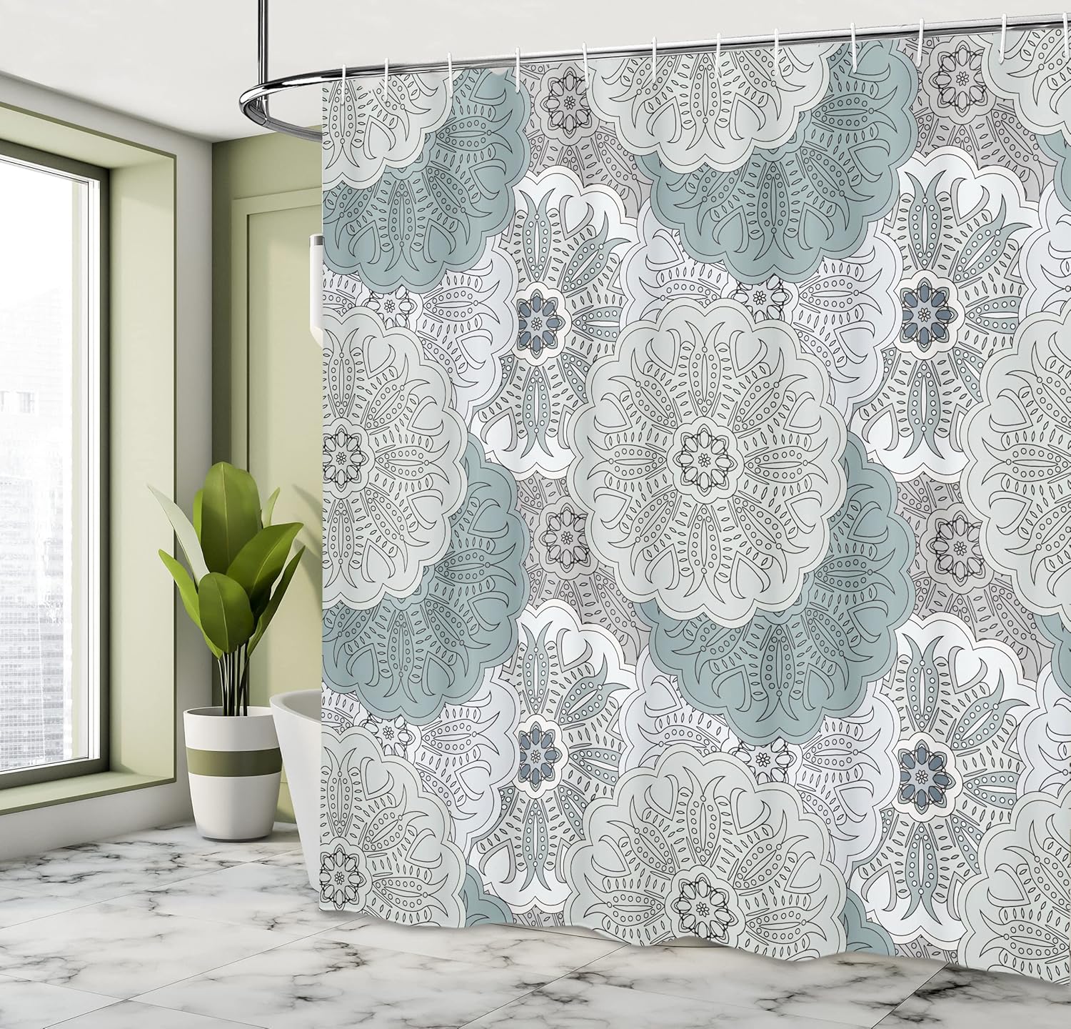 Ambesonne Grey Shower Curtain, Tile Art Mandala with Oriental Touch Eastern Style Motif, Cloth Fabric Bathroom Decor Set with Hooks, 69" W x 75" L, Grey Blue