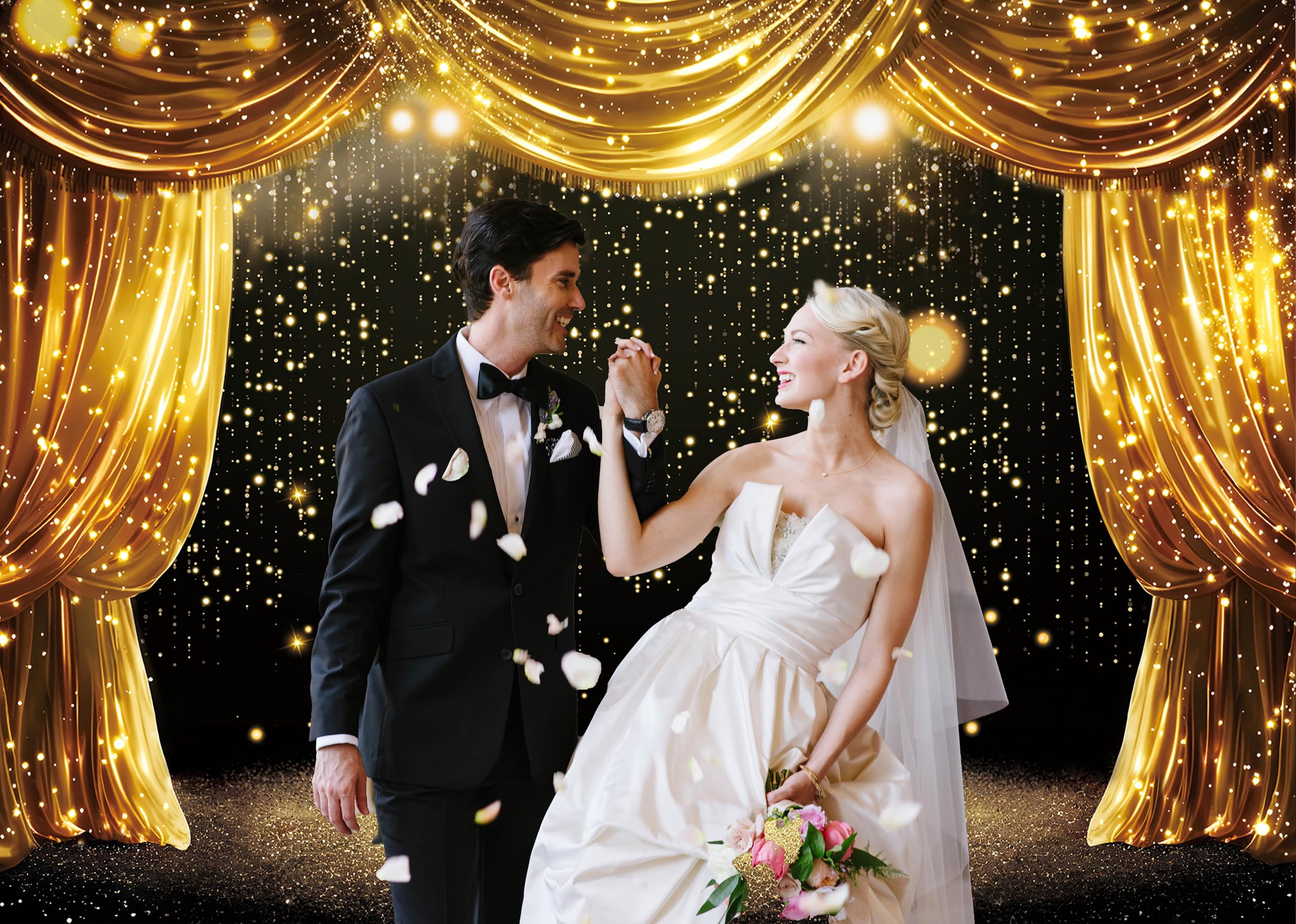 Sfondo nero oro nero con tende glitterate a pois teatrali fotografia sfondo adulti bambini VIP Carnevale laurea ballo di fine anno nuovo festa di compleanno in famiglia banner (2,3 x 1,8 m)