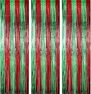 Sumind 3 Pack Metallic Tinsel Curtains, Foil Fringe Shimmer Curtain Door Window Decoration for Birthday Wedding Party (Red with Green)