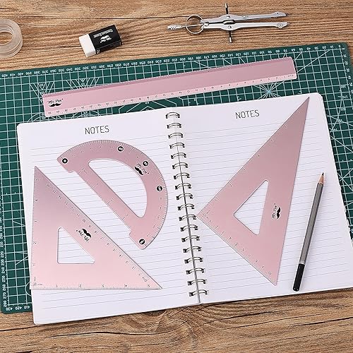 Miniatura 7 de Mr. Pen - Juego de geometría, paquete de 4, rosa claro, kit de geometría metálica, regla triangular, regla de metal, triángulos de dibujo,