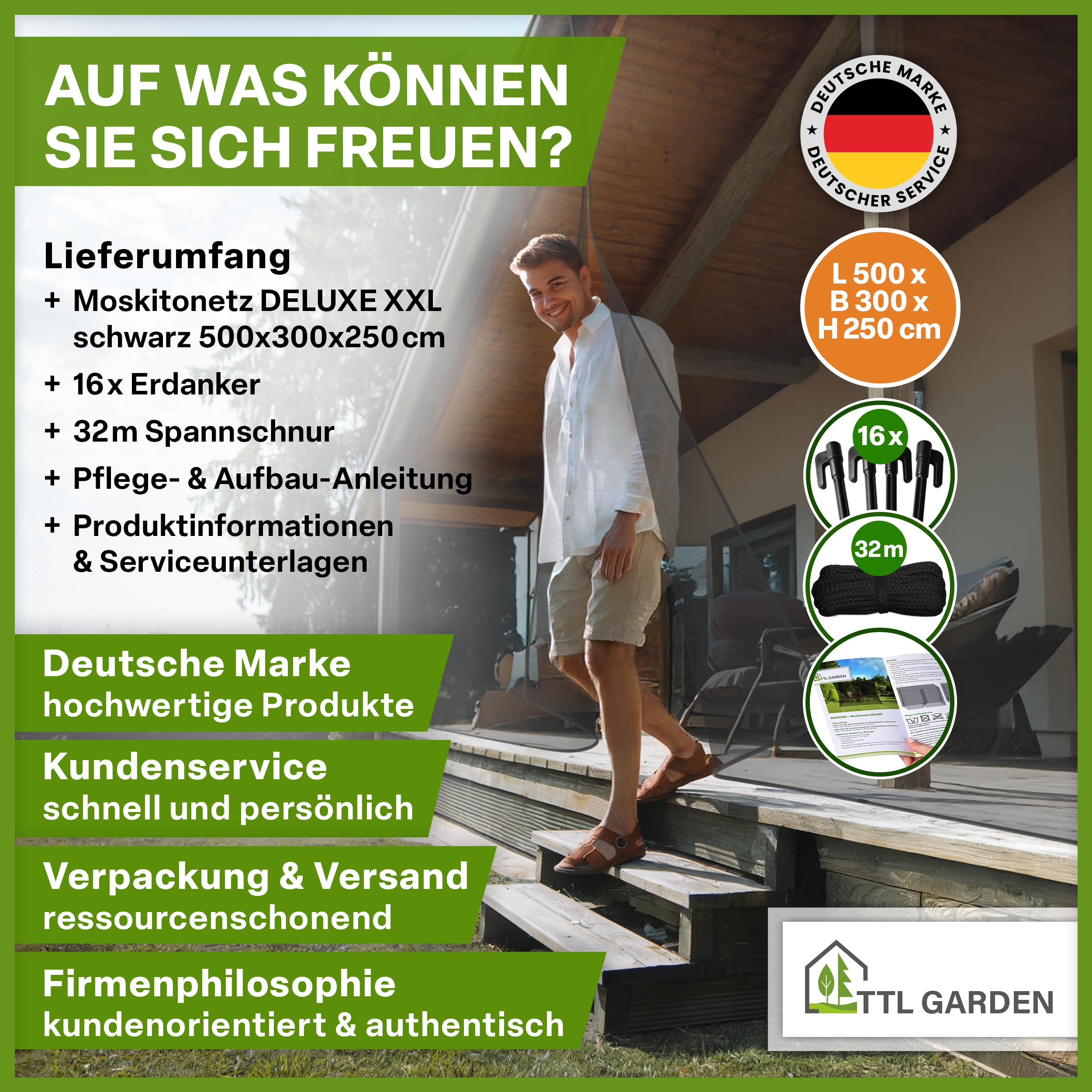 TTL GARDEN Moskitonetz Deluxe XXL 500x300x250cm schwarz - feinmaschig 0,07mm Maschenweite - Insektenschutzgitter 3 Eingänge - reißfest UV-stabil & atmungsaktiv - Insektenschutz Moskitoschutz