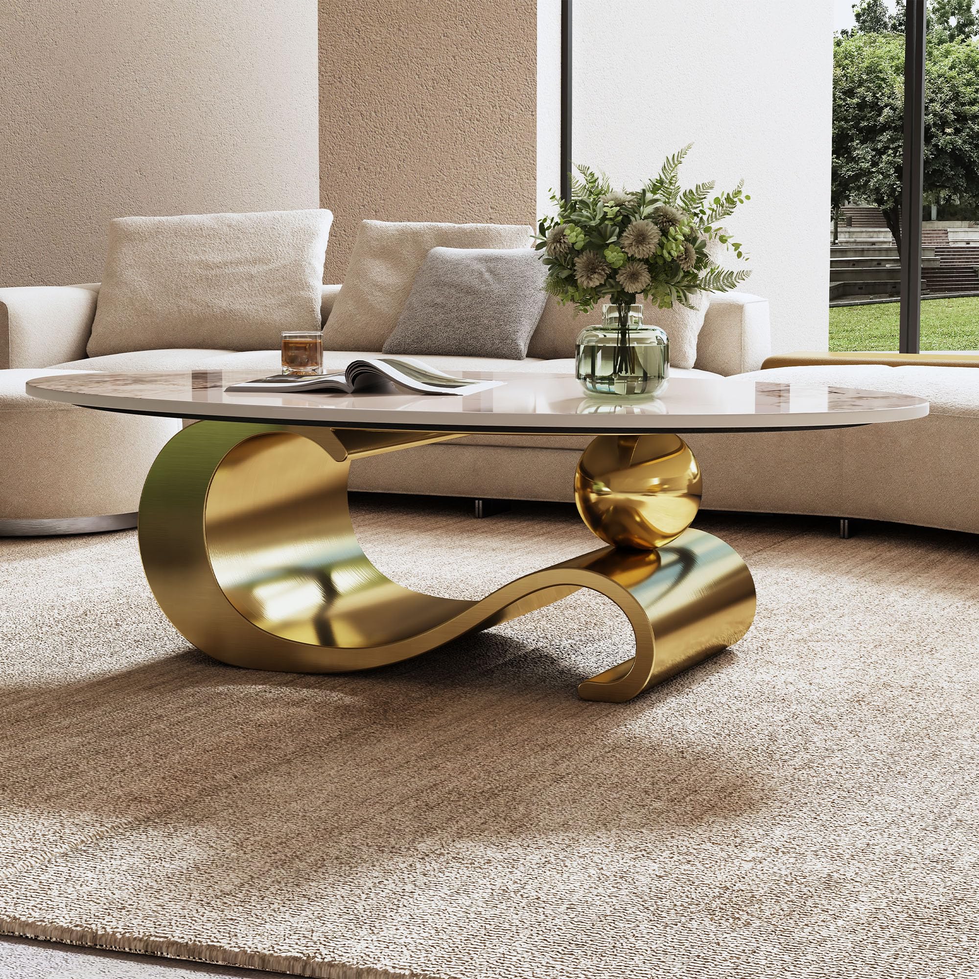 49 2 Oval Stone Coffee Table Modern Center Tables with Gold Stainless Steel Base Faux Marble Coffee Table
