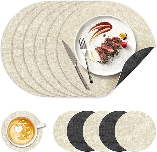 Juego de 6 manteles individuales redondos de doble cara, lavables de piel sintética resistentes al calor, manteles individuales lavables a prueba de