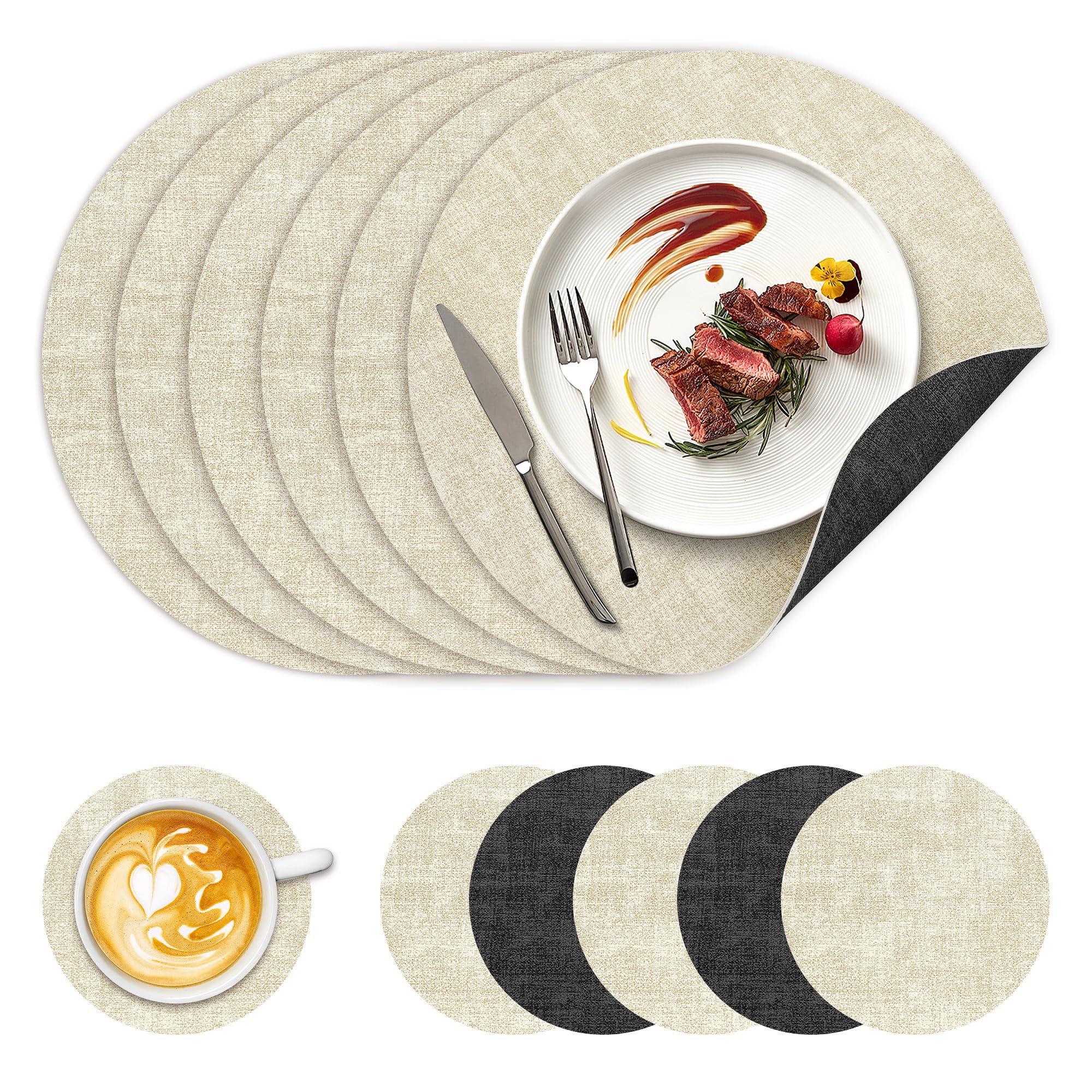 NCUE 13" Faux Leather Round Placemats Set of 6, Reversible Dual-Color