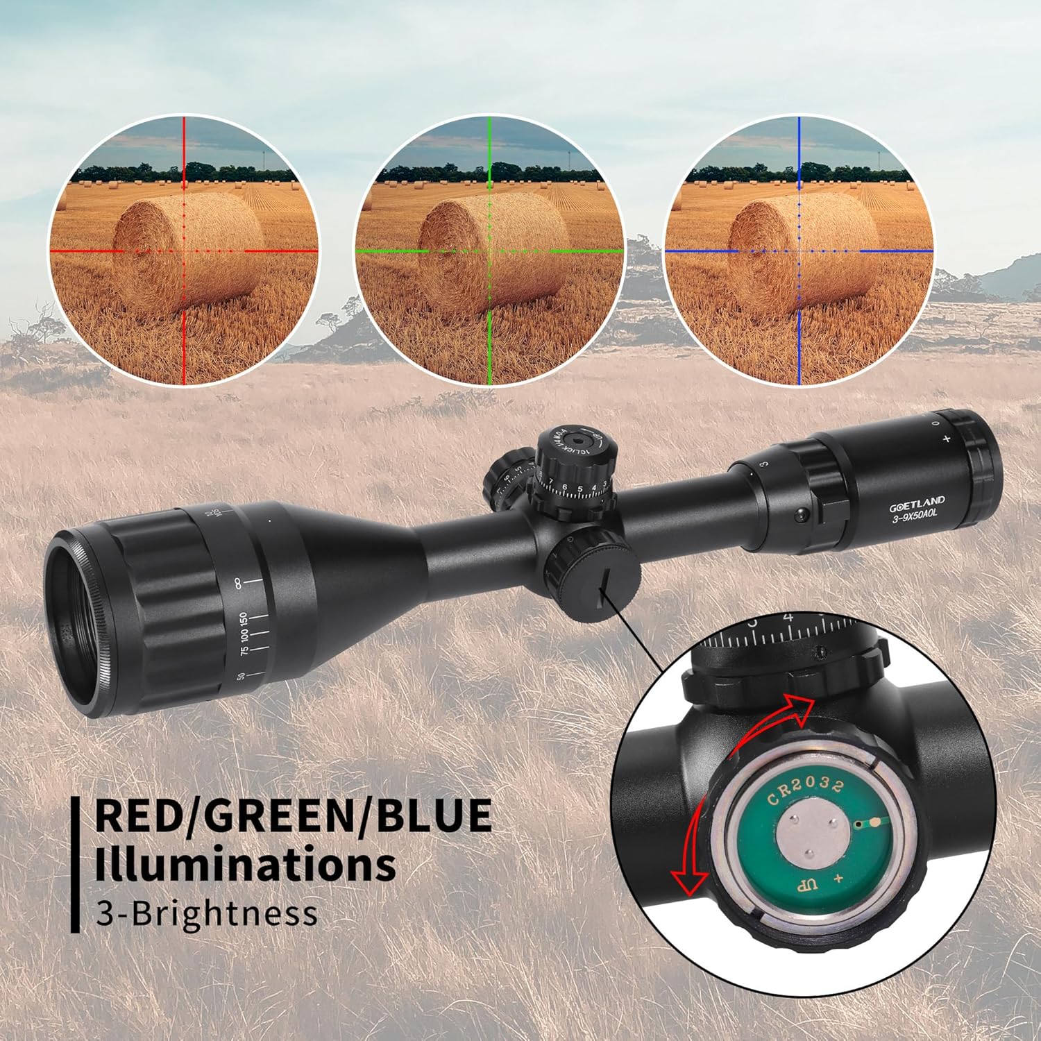 Goetland Rifle Scope showing the red, green, and blue illuminated reticle options and the illumination control dial.