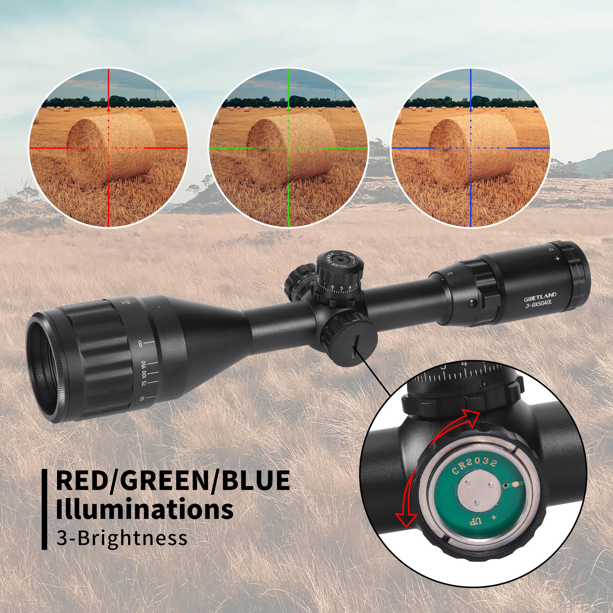 Goetland Lunettes de Visée 3-9x50 Airsoft Mil Dot R4 Rouge Vert Bleu Illuminé SFP pour Tactique Chasse Airsoft Arbalète Carbine Tir Sportif