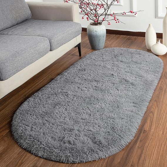 Softlife Fluffy Rugs for Bedroom, Shag Cute Area Rug for Girls and Kids Baby Room Home Decor, 2 x 5 Feet Oval Indoor Carpet for Nursery Dorm Living Room, Grey