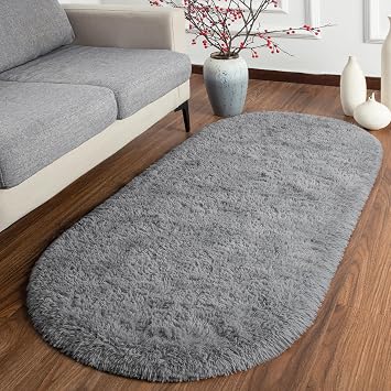 Softlife Fluffy Rugs for Bedroom, Shag Cute Area Rug for Girls and Kids Baby Room Home Decor, 2 x 5 Feet Oval Indoor Carpet for Nursery Dorm Living Room, Grey