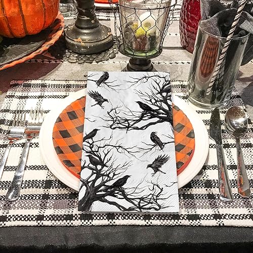 Miniatura 4 de 80 servilletas de Halloween para invitados – Servilletas desechables de papel de cuervos de árbol – Servilletas de mano de cena para suministros de