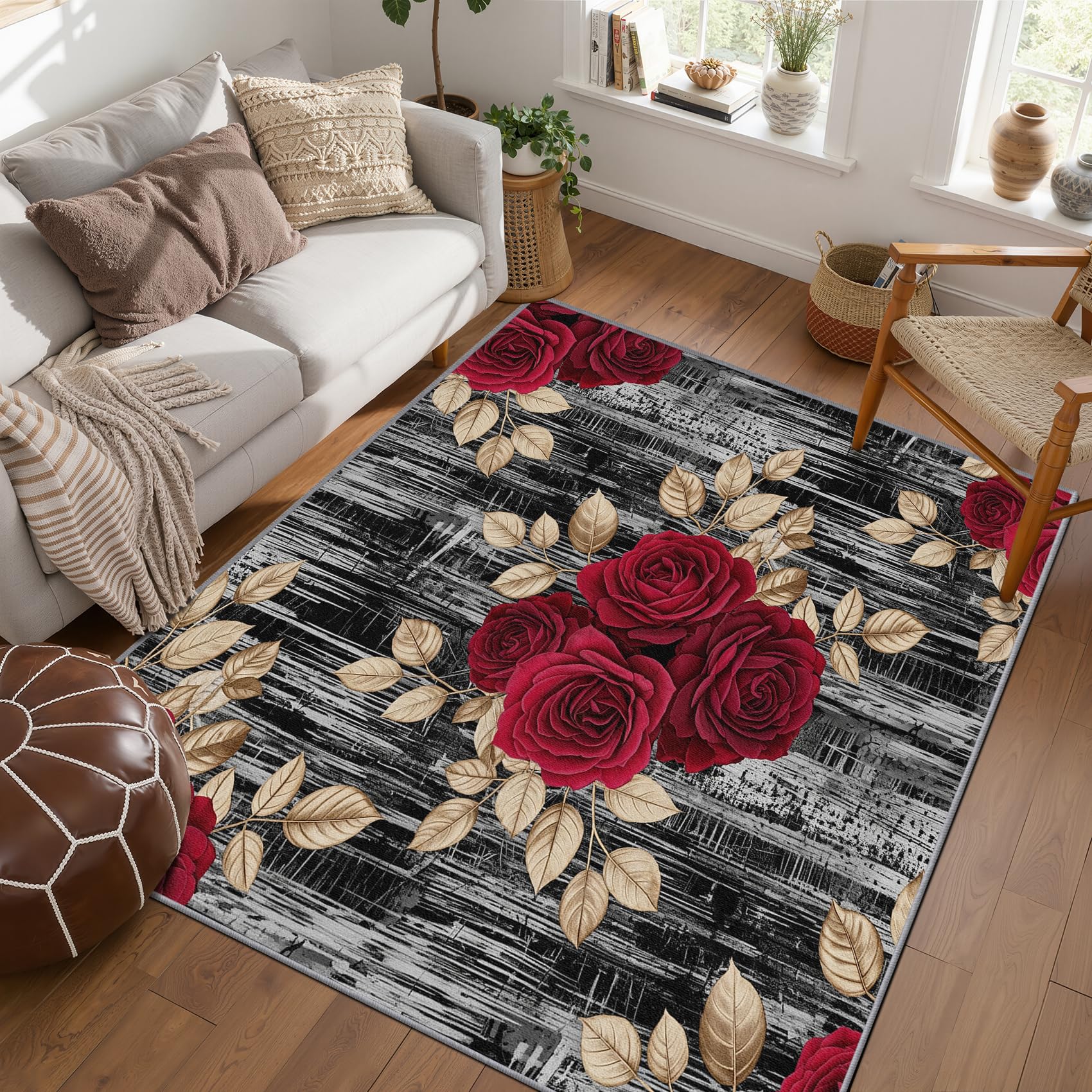 PaxGloz Rose Floral Rug - Vintage Flower Rug, Red and Grey Rugs for Living Room Bedroom, Washable Non Slip Soft Large Carpet, Patterned Area Rugs & Home Decor 200x300 cm