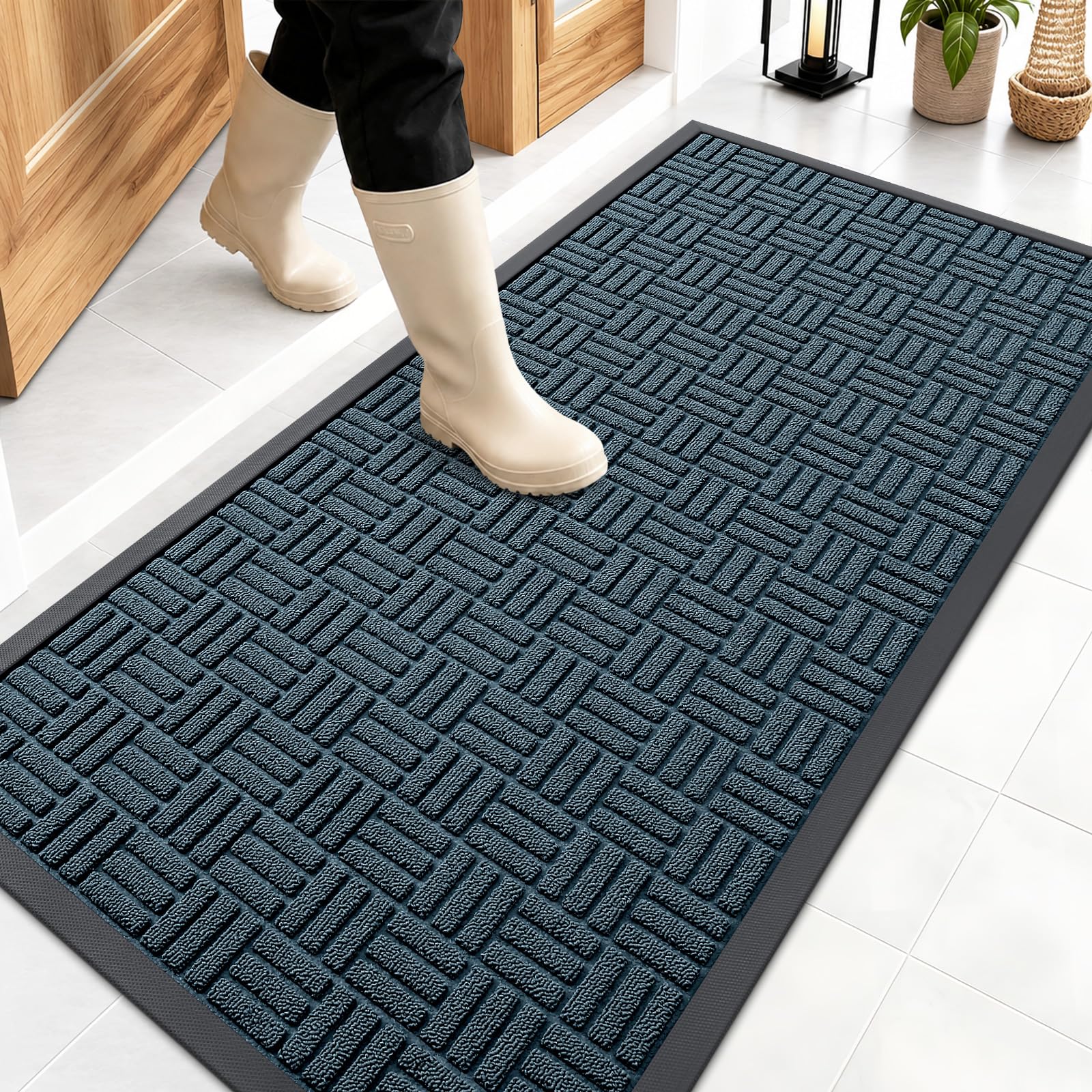 OLANLY Front Door Mat Outside Entrance 47x23, Heavy-Duty Rubber Doormat | Lake Blue, Stain and Fade Resistant, Non-Slip Backing, Low-Profile Indoor Outdoor Floor Mat for Entryway, Easy to Clean