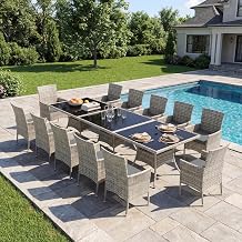 15 Piece Outdoor Patio Dining Set with Glass Table and Wicker Chairs | Expandable Patio Furniture Set with Square Tempered Glass Table, 12 Chairs for Backyard, Deck and Outdoor Dining, Grey