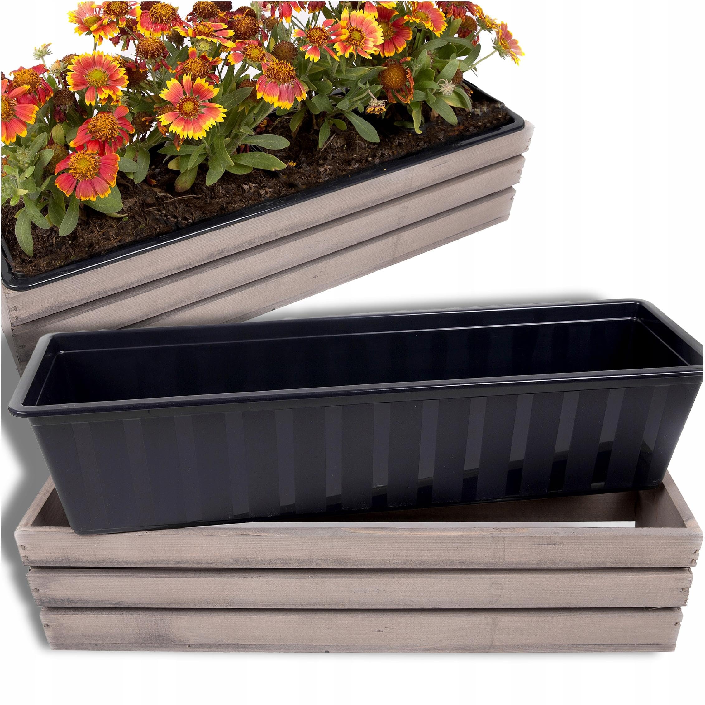 ECODECO Cassetta di Legno per Piante - Fioriera da Esterno con Inserto in Plastica - Vaso Rettangolare 18x60x15 cm per Balcone e Giardino - Contenitore Robusto Marrone