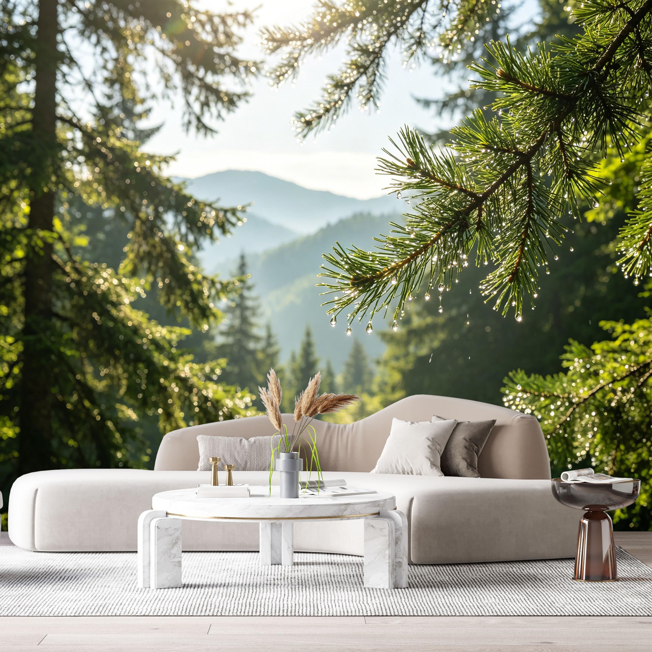 Custom Size Wall Murals Morning Forest Landscape Mountain Pine Trees Sunlight Dew SelfAdhesive Wall Fabric Removable Large Wallpaper for Photo Living Room