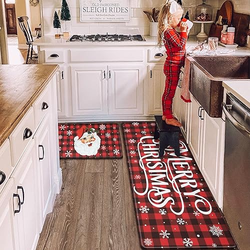 KIMODE Alfombras de cocina de Navidad, tapetes de cocina de búfalo a cuadros rojos con Papá Noel, para piso, antifatiga, antideslizantes, juegos de