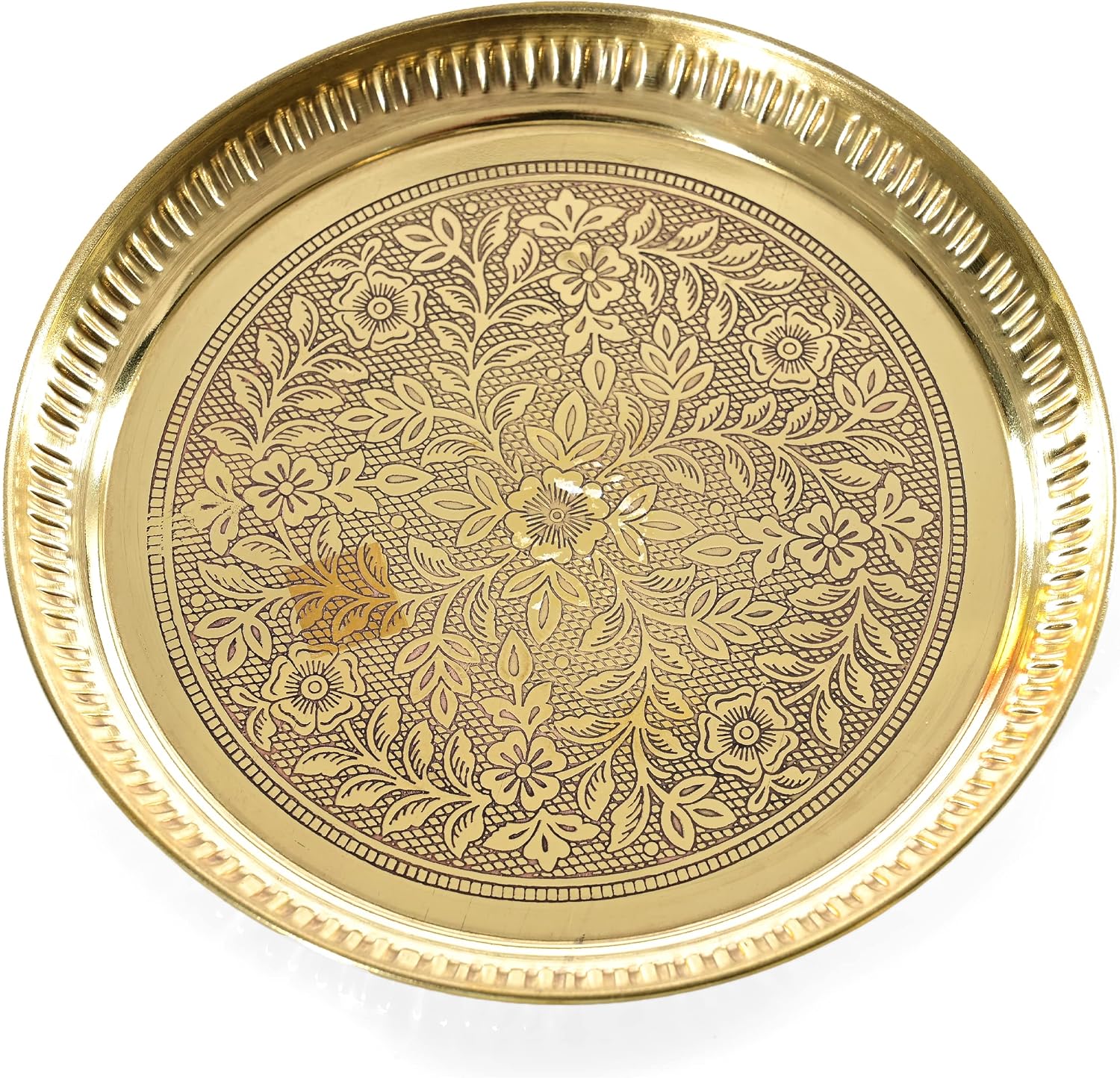 Decorative Brass Flower Design Pooja Thali Set of 4 Pcs,Indian Traditional Brass Pooja 1 Plate with 1 Bowl, 1 Glass and 1 Spoon for Temple and Home Bhog Thali Set Gift (Size:-8'')(Golden)