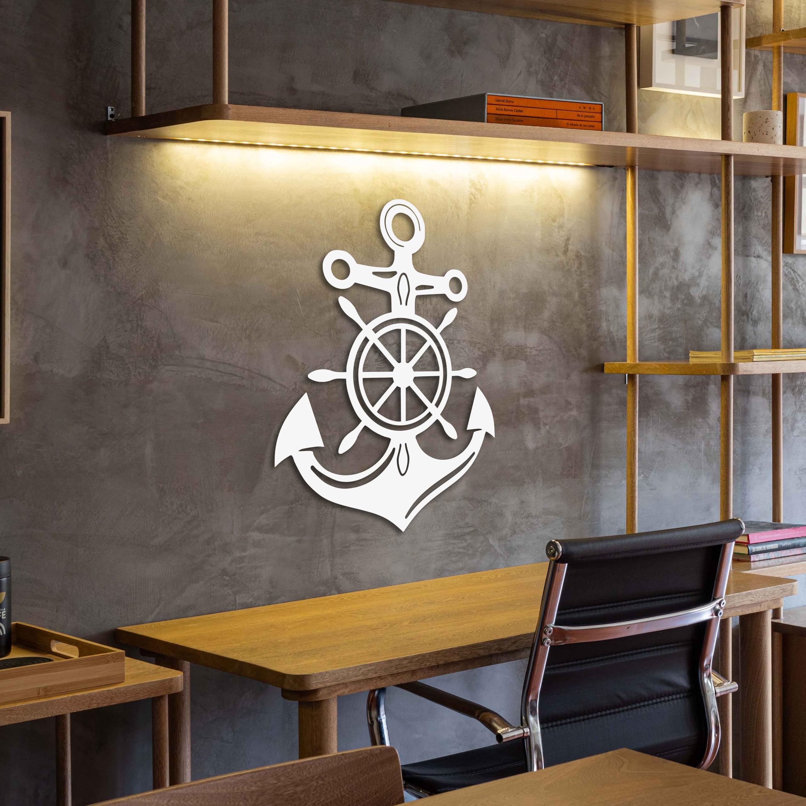 KAWA METALWORKS Anker Metall Wandkunst Dekor mit Schiffsrad nautische Wanddekoration für Wohnzimmer Strandhaus Modern Schwarz Metall Wandbehang Küste Maritim Home Dekoration Matrosen Geschenk