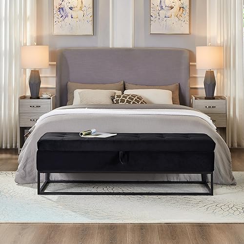 Miniatura 35 de Ball & Cast Morden - Banco otomano de almacenamiento de terciopelo de 58.6 pulgadas, banco de pie con bisagra de seguridad y patas de metal dorado,