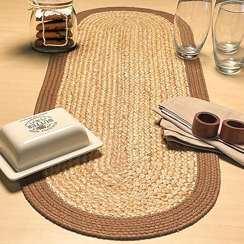 Miniatura 2 de CHARDIN HOME Verona - Camino de mesa trenzado ovalado de yute y algodón, tamaño: 13 x 36 pulgadas, color yute natural con borde marrón Natural -