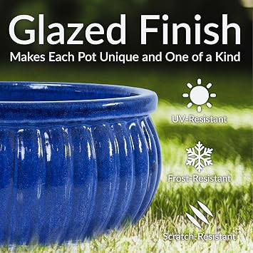 Sunnydaze 14.5 Round Ribbed Ceramic Planter Bowl - Indoor or Outdoor Plant Pot with Drainage Hole - Imperial Blue Glazed Finish