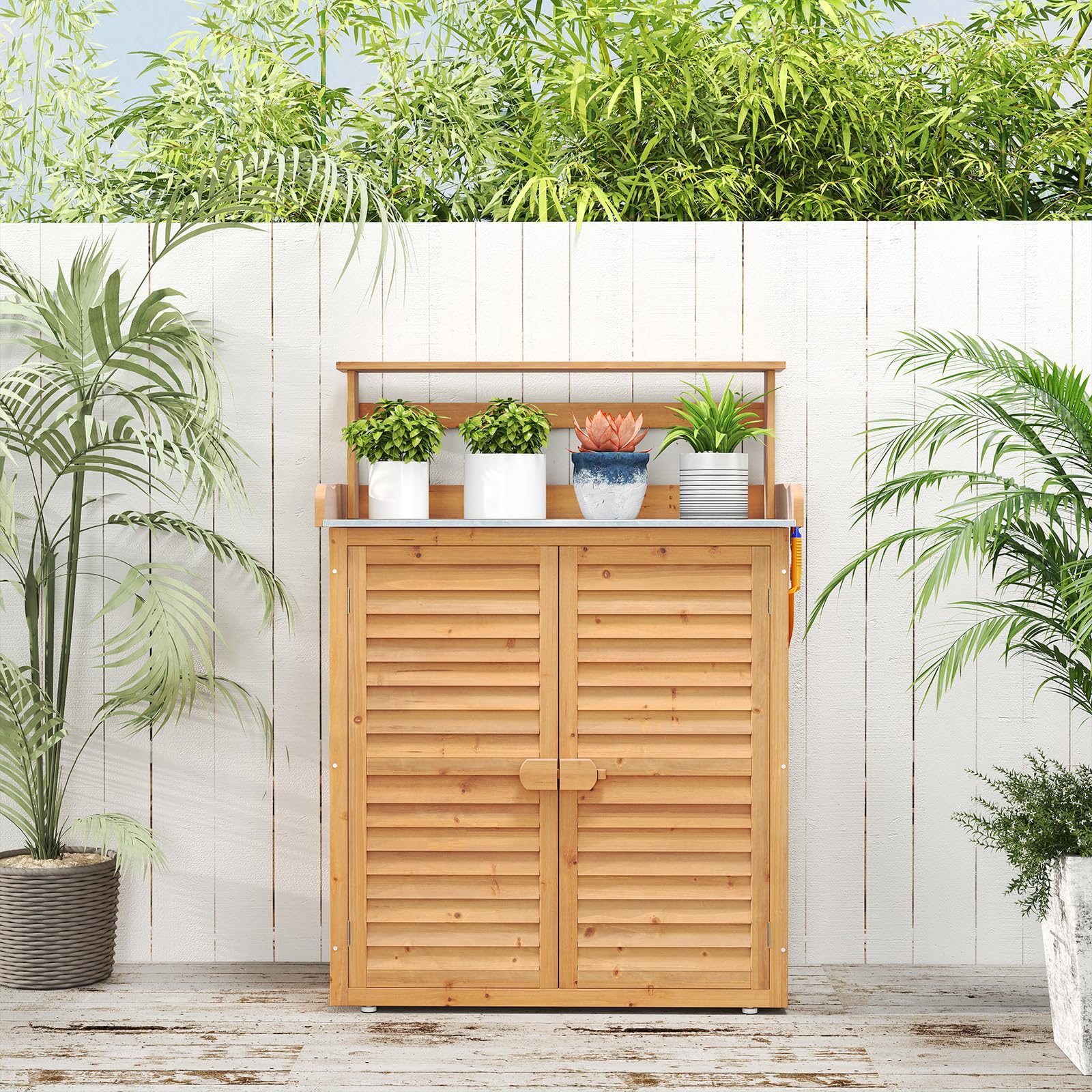 RELAX4LIFE Pflanztisch Outdoor, Gartentisch Holz mit Unterschrank & Verzinkter Arbeitsplatte & Abnehmbaren Regalen & Haken, Arbeitstisch wetterfest für Garten, Hof, Terrasse, 87 x 45 x 120 cm, Natur