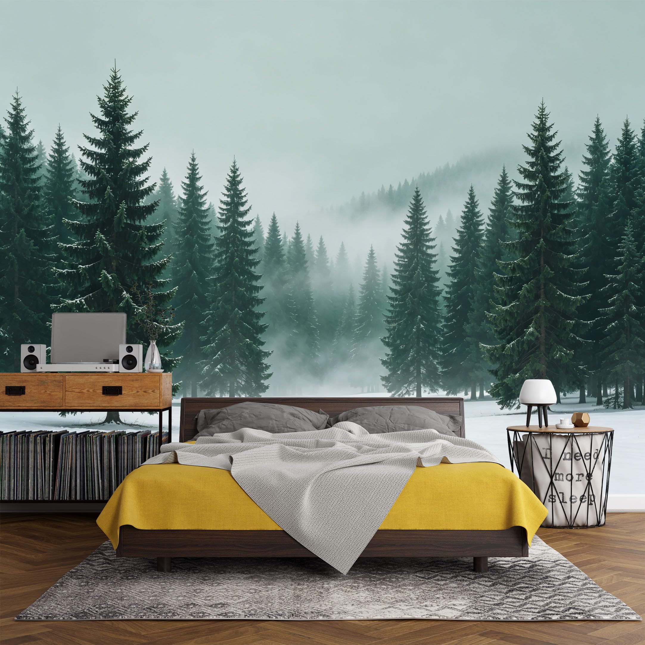 Custom Size Wall Mural， Forest Winter Pine Trees Foggy Landscape Snowfield Nature Scene，SelfAdhesive Art Prints wall Fabric(No PVC) Removable Wallpaper Living Room Decor