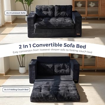 MAXYOYO Convertible Sofa Bed, Pull Out Loveseat Sofa Couch, 2 in 1 Folding Couch Bed, Fold Out Floor Couch with Pillows for Living Room Bedroom Lounge, Black