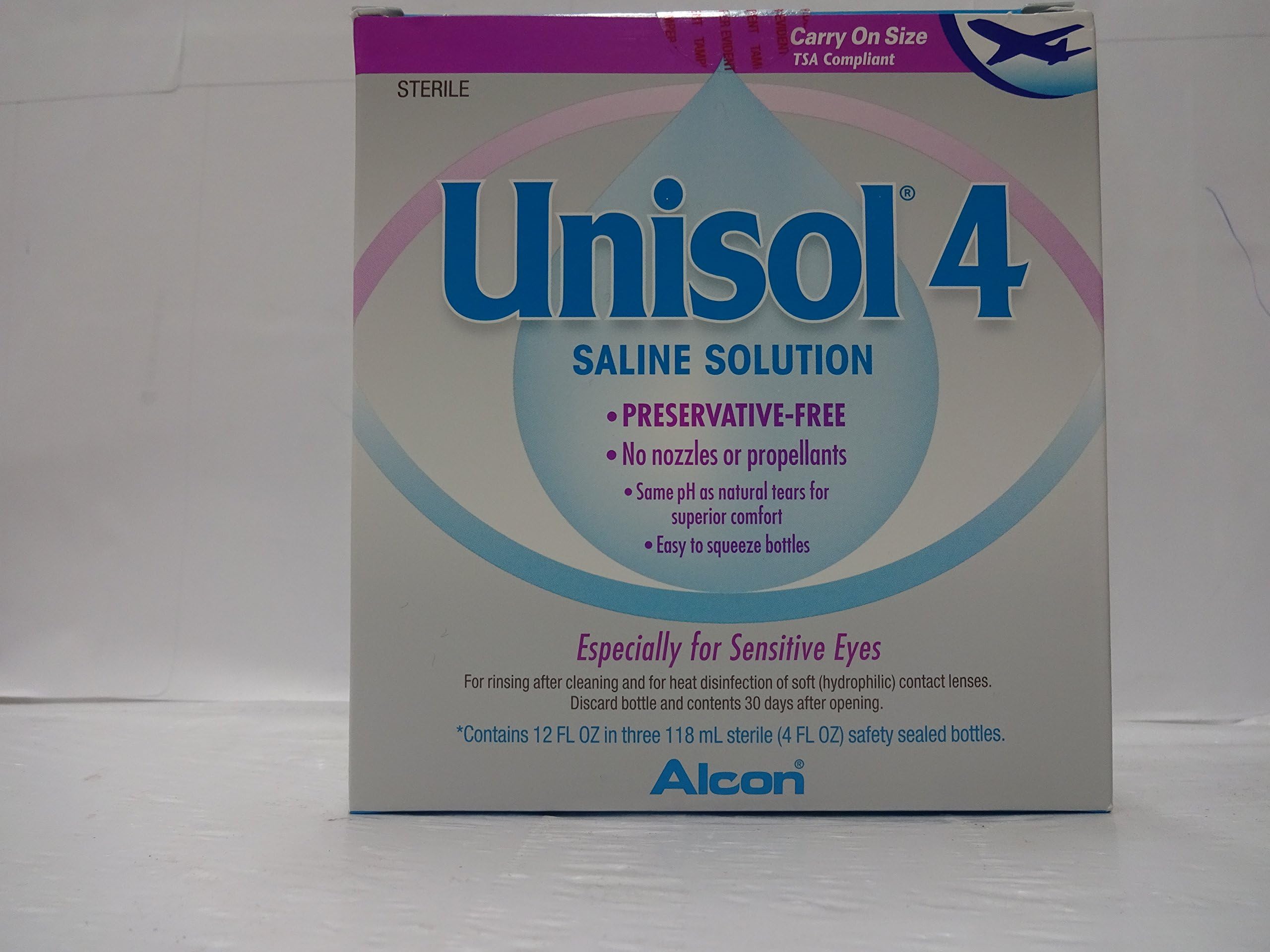 Alcon Unisol 4 Saline Solution 3 x 4 Oz. Preservative Free for Soft Contact Lenses