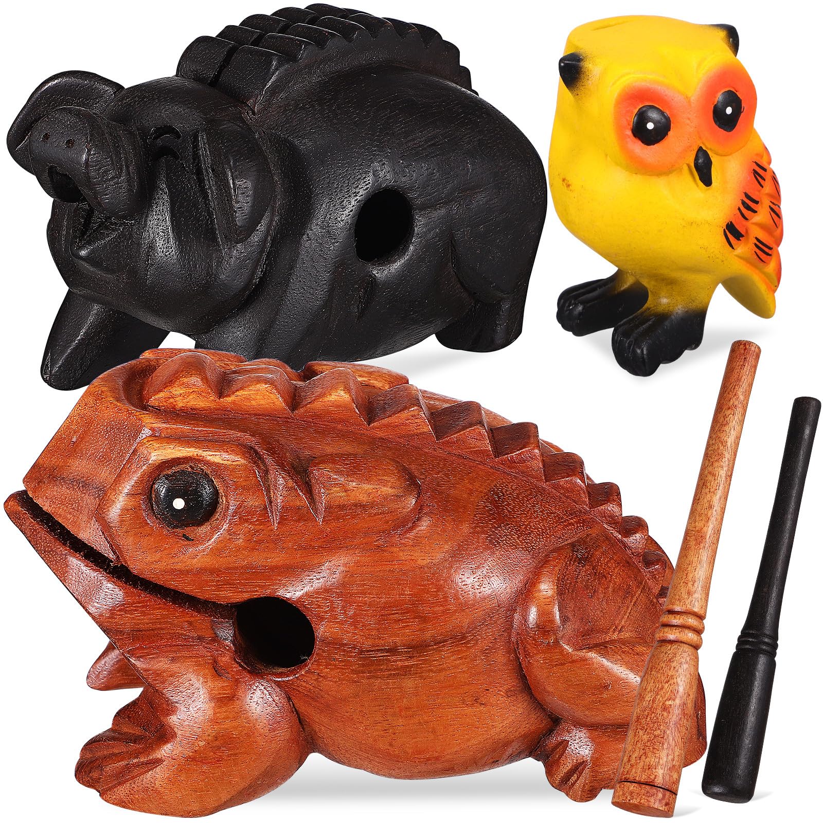 3 Stück Holz Klangtiere Dekoration Kröte Schwein Eule Holz Schallblock Realistische Tiergeräusche Musikinstrument für Musikunterricht und Wohndekor