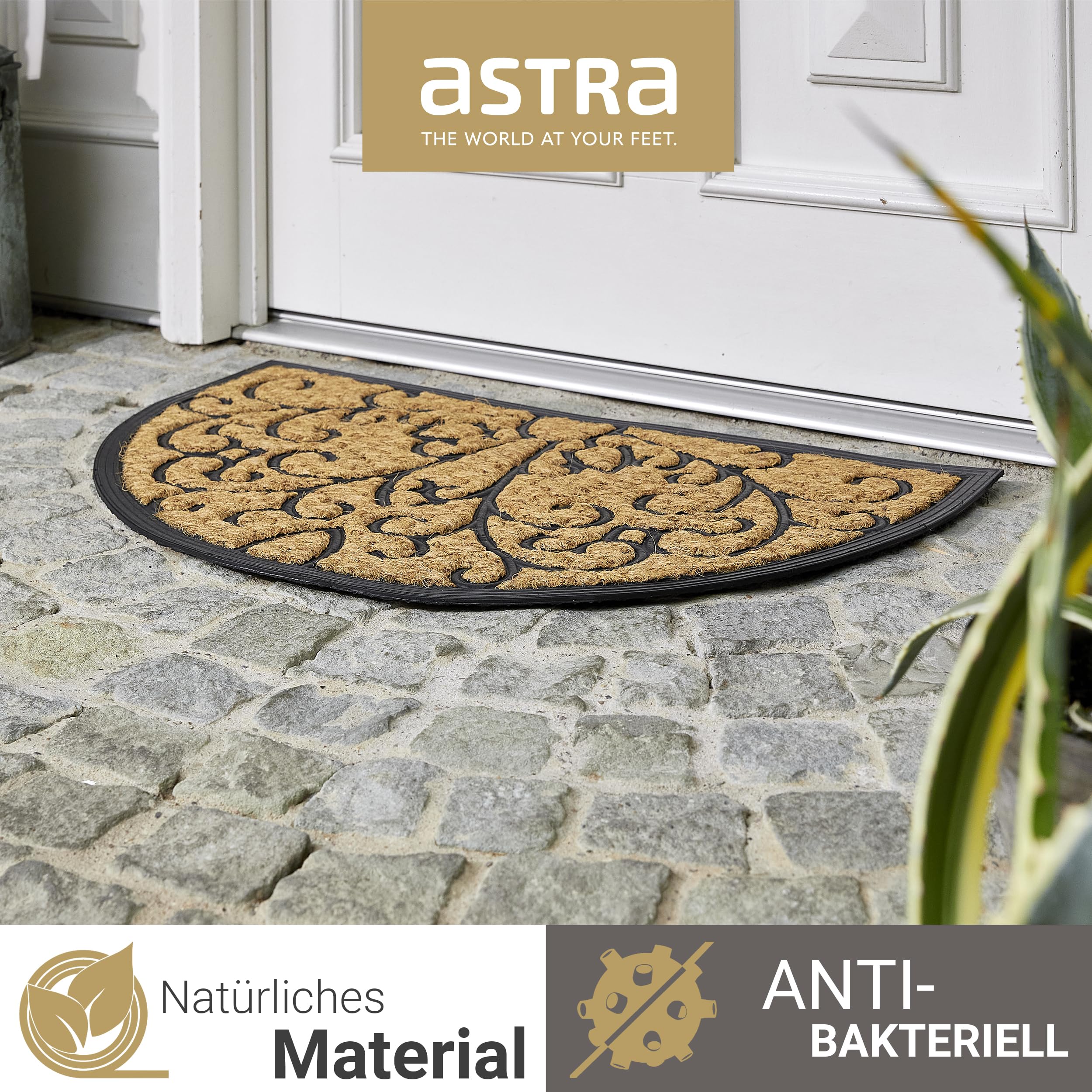 ASTRA Coco Deluxe antypoślizgowa wycieraczka zewnętrzna odporna na warunki atmosferyczne – wycieraczka z gumy i antybakteryjna kokosowa – zatrzymująca brud 45 x 75 cm, zestaw 2 szt., Relief półokrągły