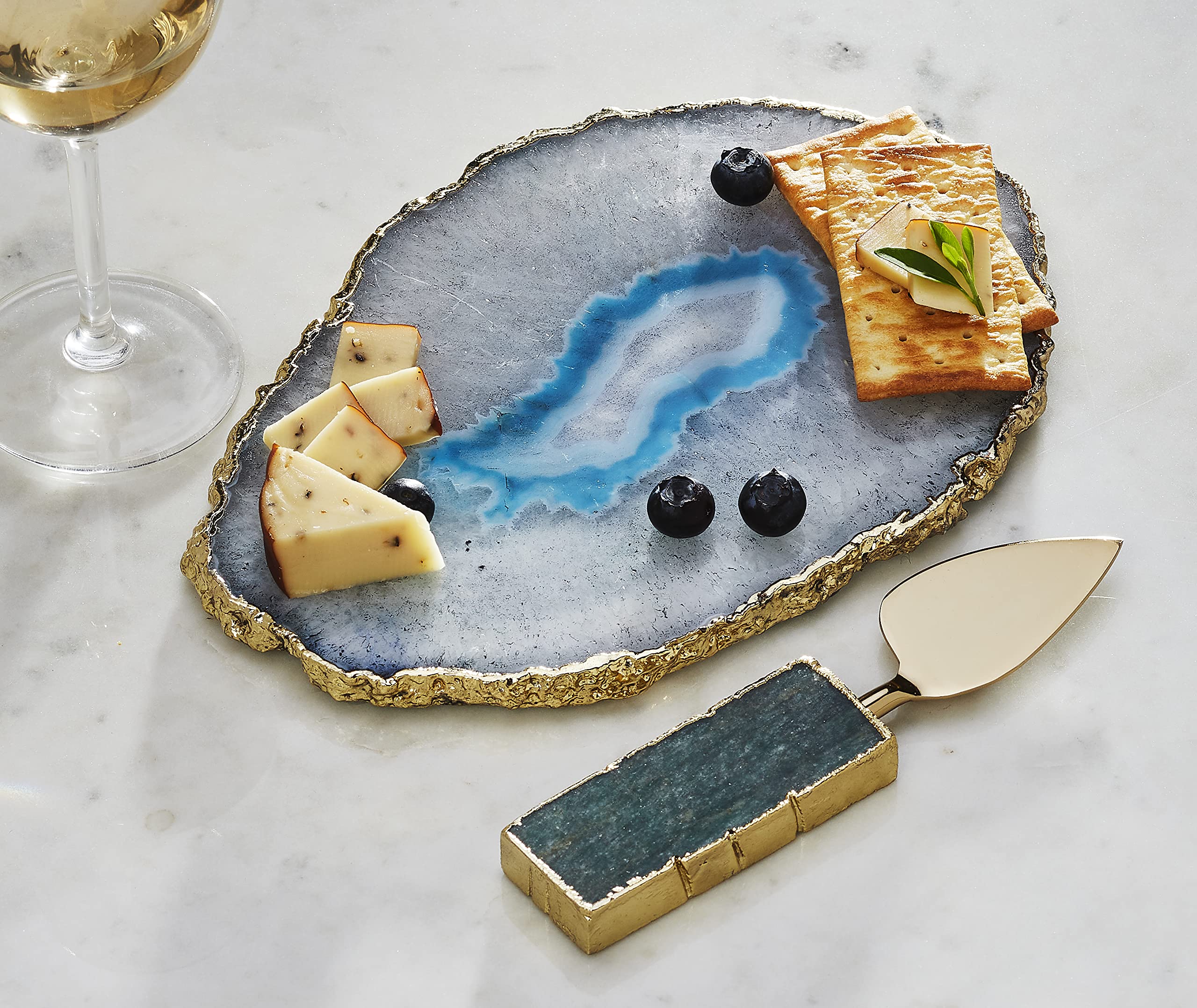 Better Trends Agate Collection, Natural Stone Cheese Board, Gold-plated and Blue Dyed Quartz Charcuterie Platter, 11 x 7