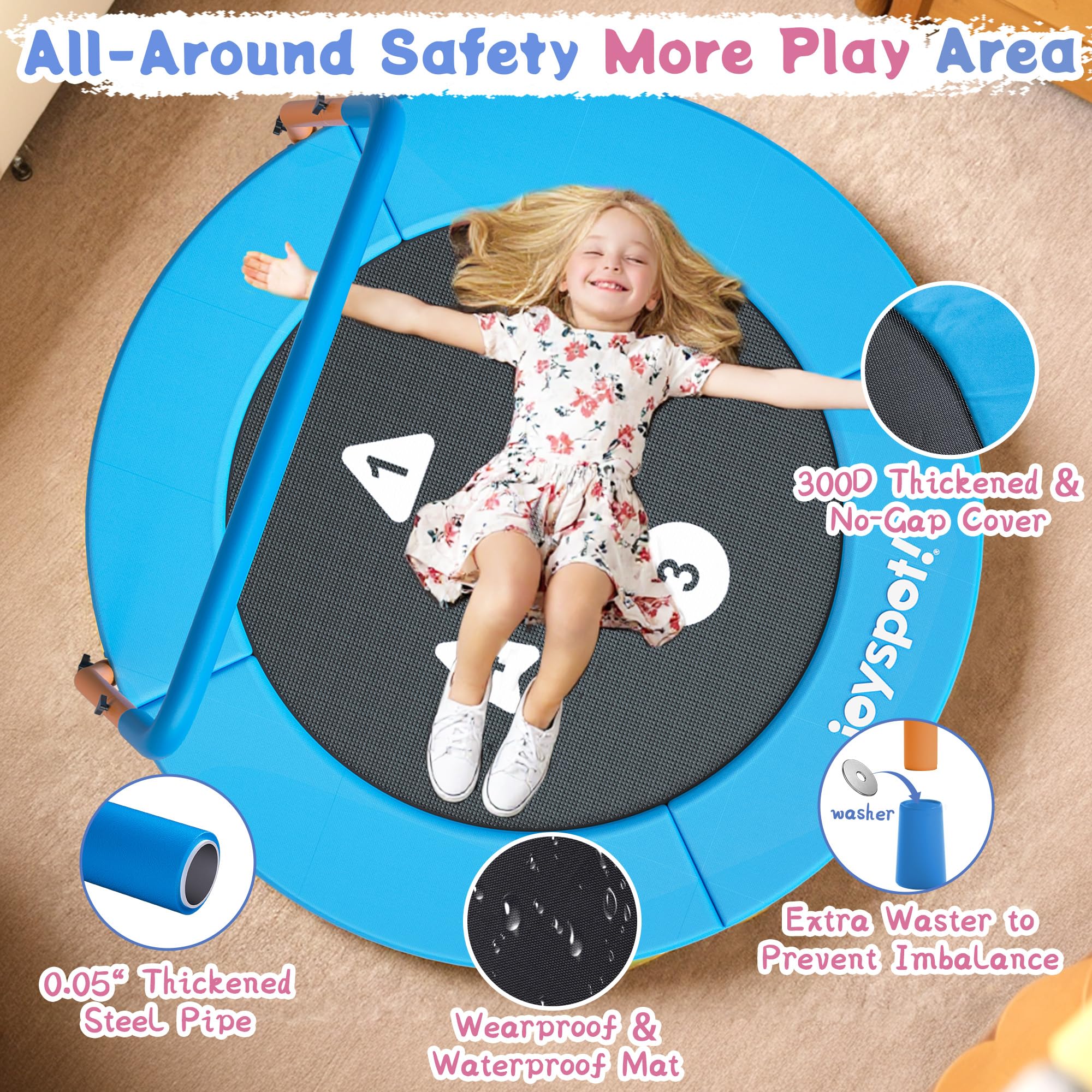 JOY SPOT! Ø91cm Trampolin Kinder Indoor, Mini Trampolin mit Verstellbarer Haltegriff, Faltbares Kindertrampolin bis 45 kg, Fitness Rebounder mit Sicherheitspolster für Kleinkind 3-12