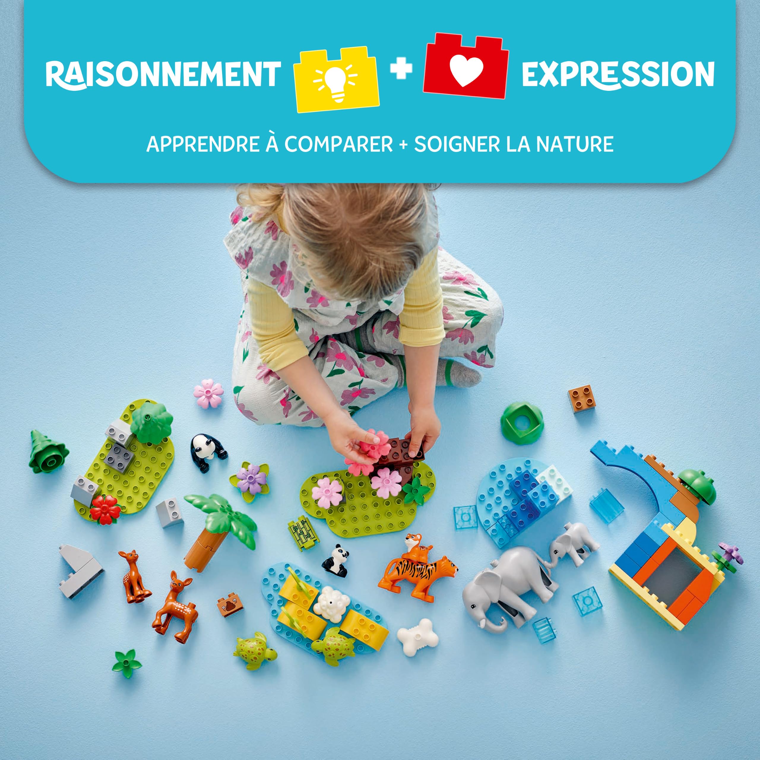 LEGO Duplo Familles d’Animaux Sauvages 3-en-1 - Jouet Éducatif pour Enfants dès 2 Ans - Figurines de Tortue, Tigre, Éléphant, Daim & Panda avec Habitats Constructibles - Cadeau Fille ou Garçon 10446
