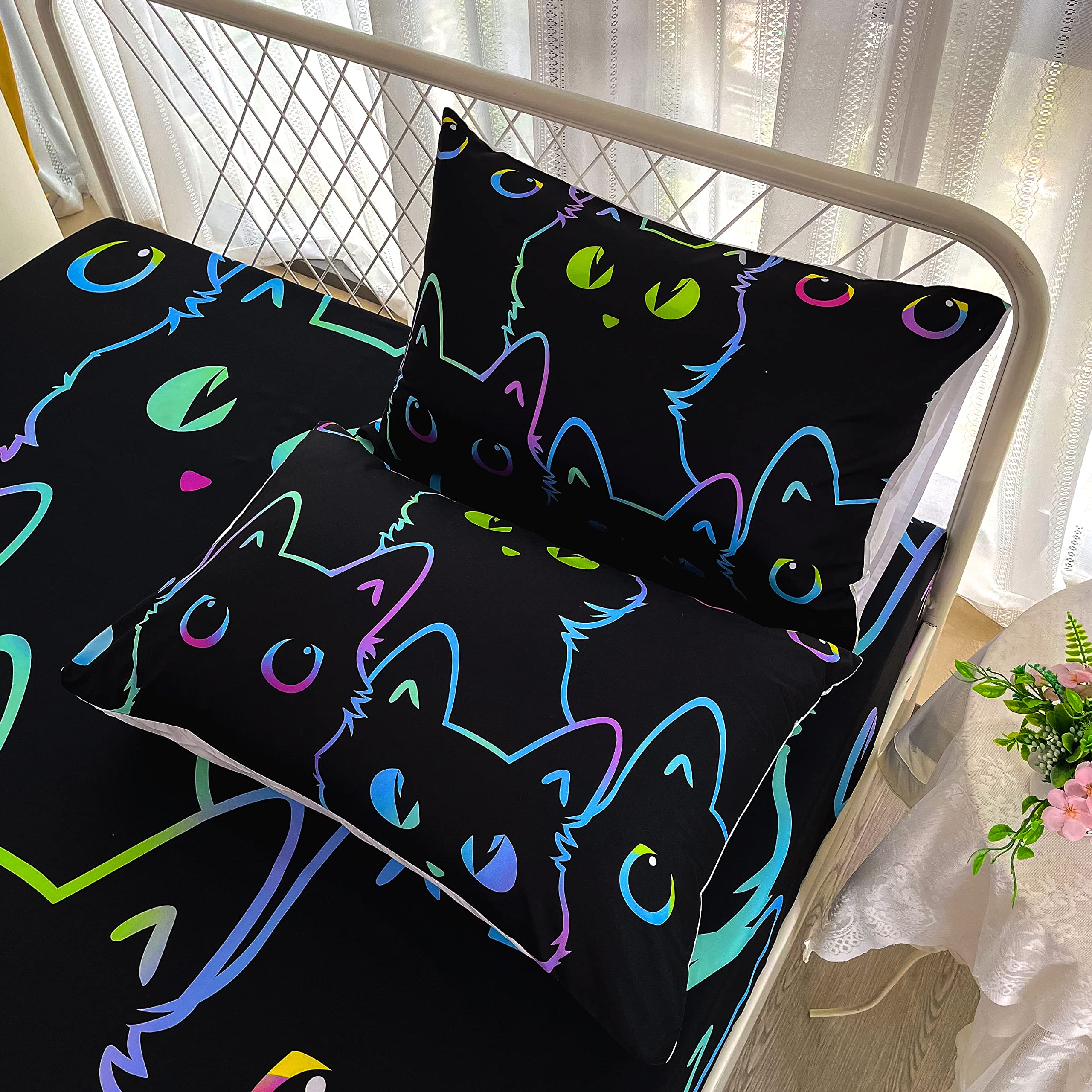 BailiPromise Cute Cartoon Cat Sheets Set Twin Size,Kawaii Simple Strokes Animals Kids Bed Sheets with Pillowcase,Cot Sheets Fitted Sheet with 16" Deep Pocket,for Girls Boys Teen Bedding 4 Piece Set