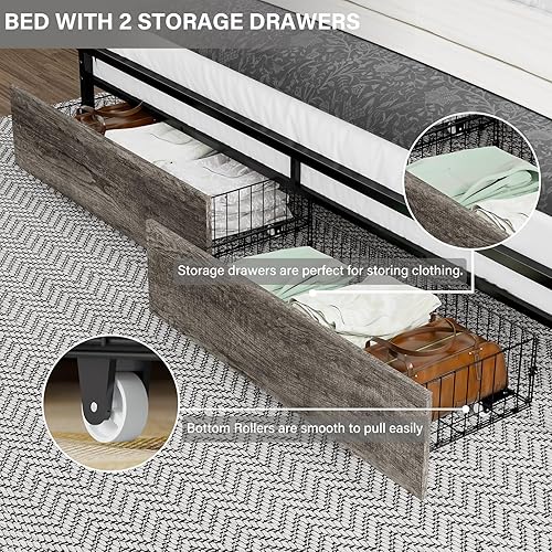 Miniatura 5 de LUXOAK Base de cama matrimonial con 2 cajones de almacenamiento, cabecera de poliuretano de almacenamiento de 2 niveles con estación de carga y