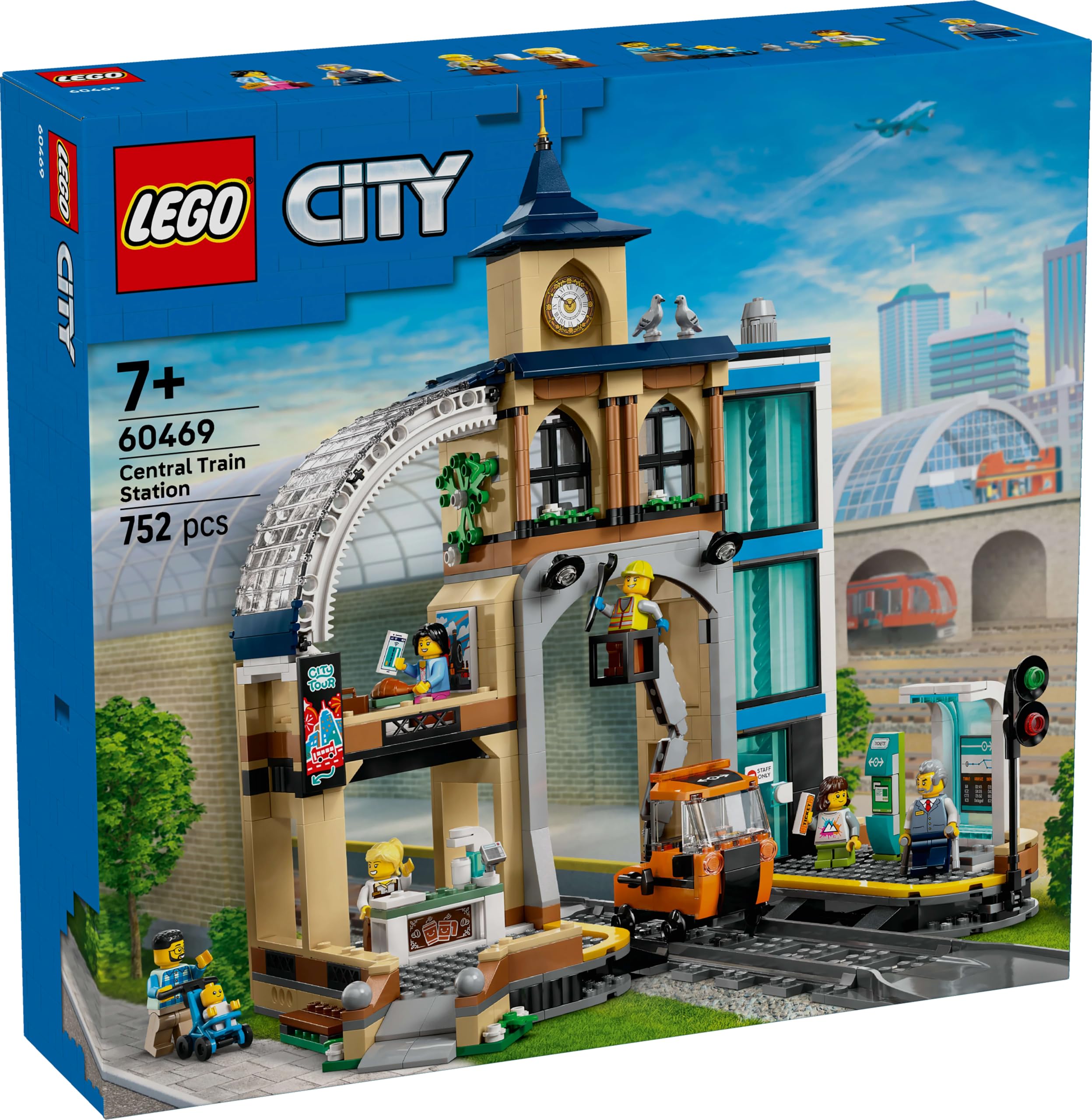 LEGO City Centralny dworzec kolejowy, zabawka dla 7-latka z pojazdami kolejowymi, wagon z wysięgnikiem, sześć minifigurek, figurka dziecka i dwa gołębie, prezent dla chłopca i dziewczynki 60469